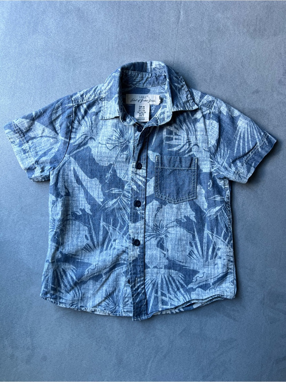 L.O.G.G Blue Tropical Print Short Sleeve Shirt size 2-3 years, 100% Cotton